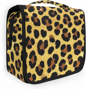 Fake Glitter Leopard Print Gold Toiletry Bags with hanging hook Lightweight Capacity Travel Cosmetic Bag with Compartments & Handle
