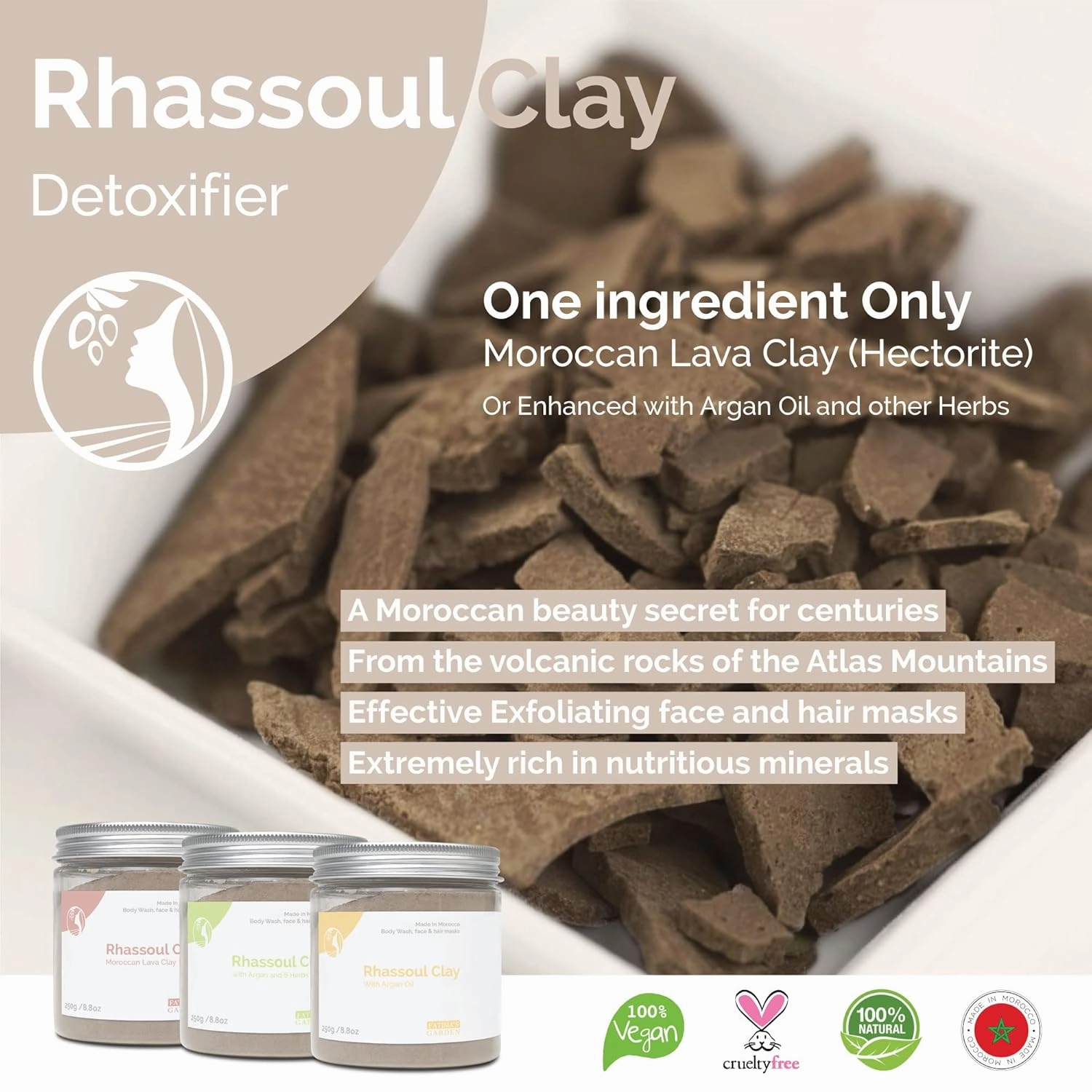 Fatima's Garden Rhassoul Clay with Argan & Eucalyptus - Detox & Soften, 250g