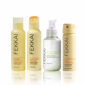 FEKKAI Brilliant Gloss Travel Bundle - Full Blown Volume Shampoo (2 oz) and Conditioner (2 oz), Brilliant Gloss Glass Hair Anti-Frizz Oil Serum (3.4 oz)   Full Blown Volume Texturizer (1.7 oz)