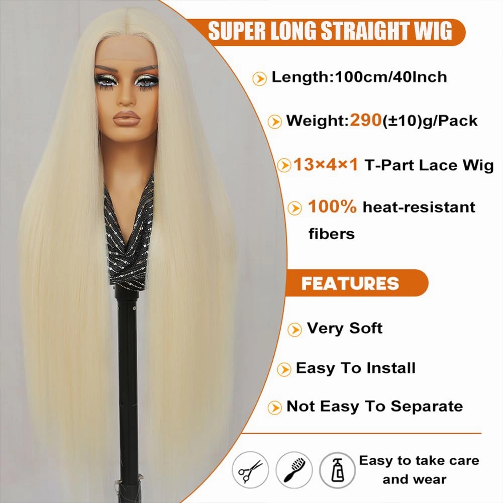 Felek Super Long Blonde Straight T Part Lace Wigs 40 Inch Long Hair 13x4x1 T Lace Front Wigs Heat Resistant Fiber Glueless Pre-Plucked Natural Hairline Lace Wig For Fashion Women/Girls(#613)