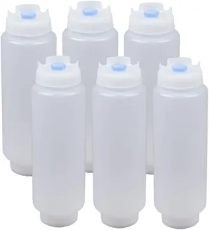 FIFO Squeeze Bottle Refillable 16 oz | Blue Tip Large Valve Dispenser for Thick Condiments, Sauces, Batter and Dressing | Self Sealing No Drip No Hassle | (6 Pack)