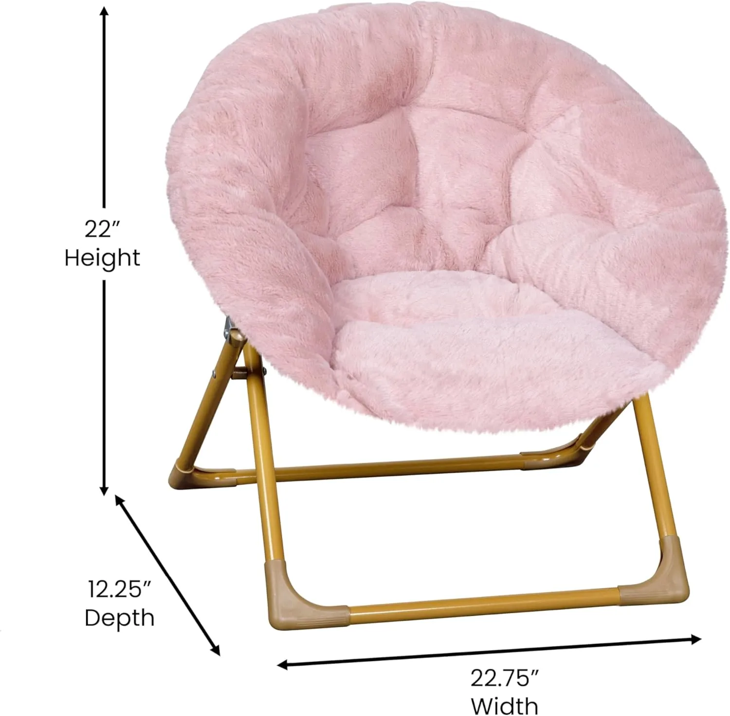 Flash Furniture Gwen Kids Cozy Mini Folding Saucer Chair - Blush Faux Fur Moon Chair - Soft Gold Metal Frame - 23" Portable Folding Chair For Living Room or Bedroom
