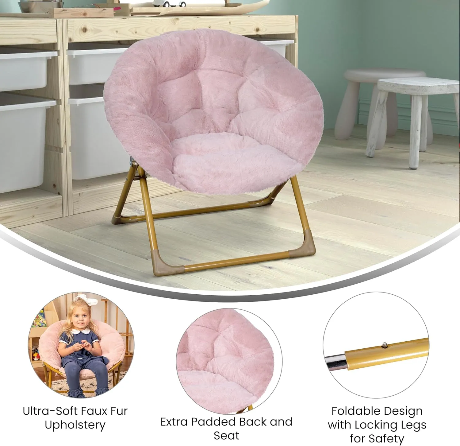 Flash Furniture Gwen Kids Cozy Mini Folding Saucer Chair - Blush Faux Fur Moon Chair - Soft Gold Metal Frame - 23" Portable Folding Chair For Living Room or Bedroom