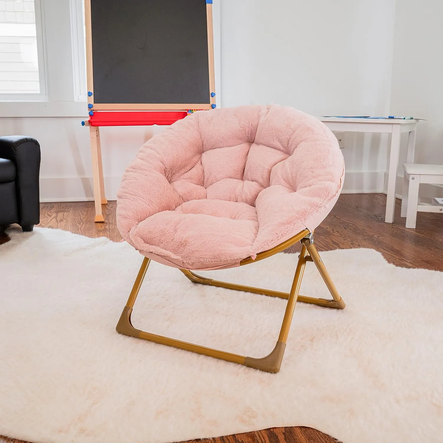 Flash Furniture Gwen Kids Cozy Mini Folding Saucer Chair - Blush Faux Fur Moon Chair - Soft Gold Metal Frame - 23" Portable Folding Chair For Living Room or Bedroom