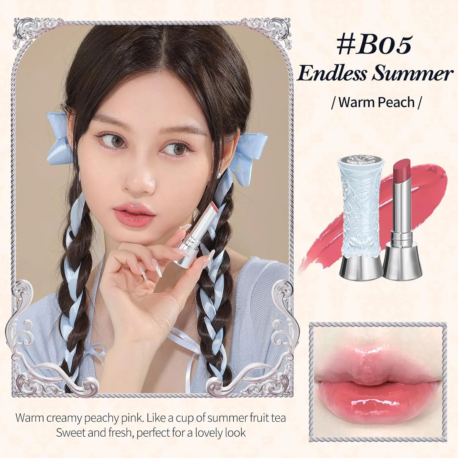 Flower Knows Swan Ballet Shine Lipstick,Hydrating Solid Lip Gloss,Moisturizing Pink Tinted Lip Balm-Long Lasting Lip Gloss in Balm for Girls&Women,Vegan & Cruelty-Free(B05 Endless Summer)