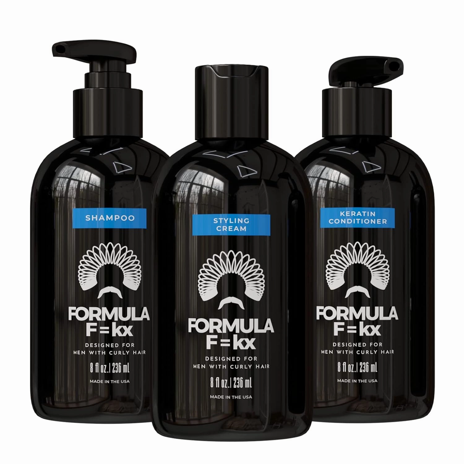 Formula F=kx - Curly & Kinky Hair Care System for Men - Hydrating Shampoo, Conditioner, and Curl Cream Set - Sulfate Free - Ocean Scent - 8oz Each