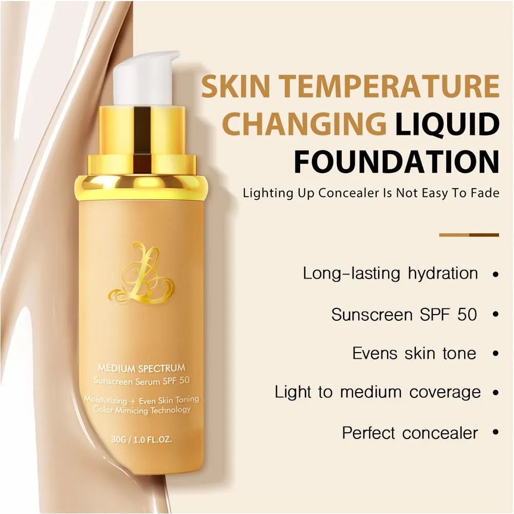 Foundation 4 in 1 - Color Changing Foundation, Medium Spectrum with SPF 50, Hypoallergenic Hydrating Liquid Foundation and Concealer, Long-lasting & Waterproof Natural Finish - 1.06 fl oz - 2 Pack