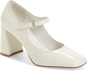 FOWT Women Square Toe High Chunky Heel Pumps Adjustable Mary-Jane Strap with Sliver Buckle Heels, Fashion Flower Pattern Glossy Leather Shoes for Ladies Work Party School 4-16 US Size