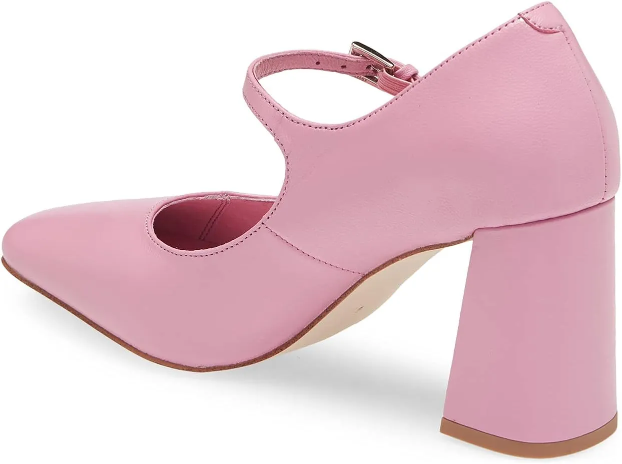 FOWT Women Square Toe High Chunky Heel Pumps Adjustable Mary-Jane Strap with Sliver Buckle Heels, Fashion Flower Pattern Glossy Leather Shoes for Ladies Work Party School 4-16 US Size