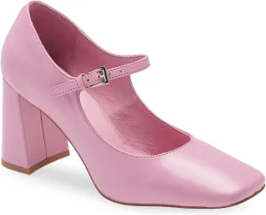 FOWT Women Square Toe High Chunky Heel Pumps Adjustable Mary-Jane Strap with Sliver Buckle Heels, Fashion Flower Pattern Glossy Leather Shoes for Ladies Work Party School 4-16 US Size