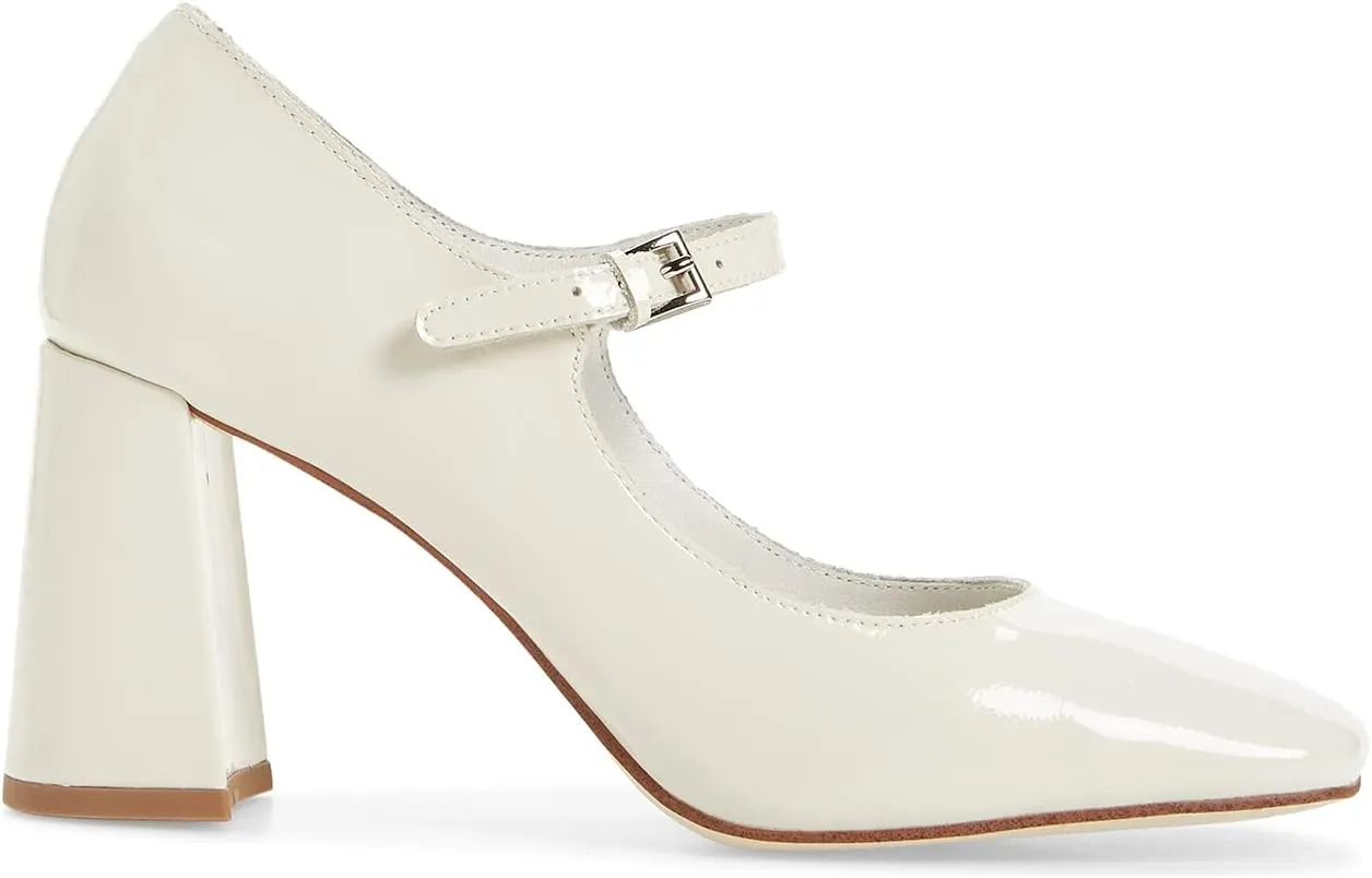 FOWT Women Square Toe High Chunky Heel Pumps Adjustable Mary-Jane Strap with Sliver Buckle Heels, Fashion Flower Pattern Glossy Leather Shoes for Ladies Work Party School 4-16 US Size
