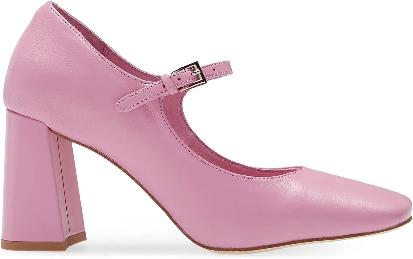 FOWT Women Square Toe High Chunky Heel Pumps Adjustable Mary-Jane Strap with Sliver Buckle Heels, Fashion Flower Pattern Glossy Leather Shoes for Ladies Work Party School 4-16 US Size