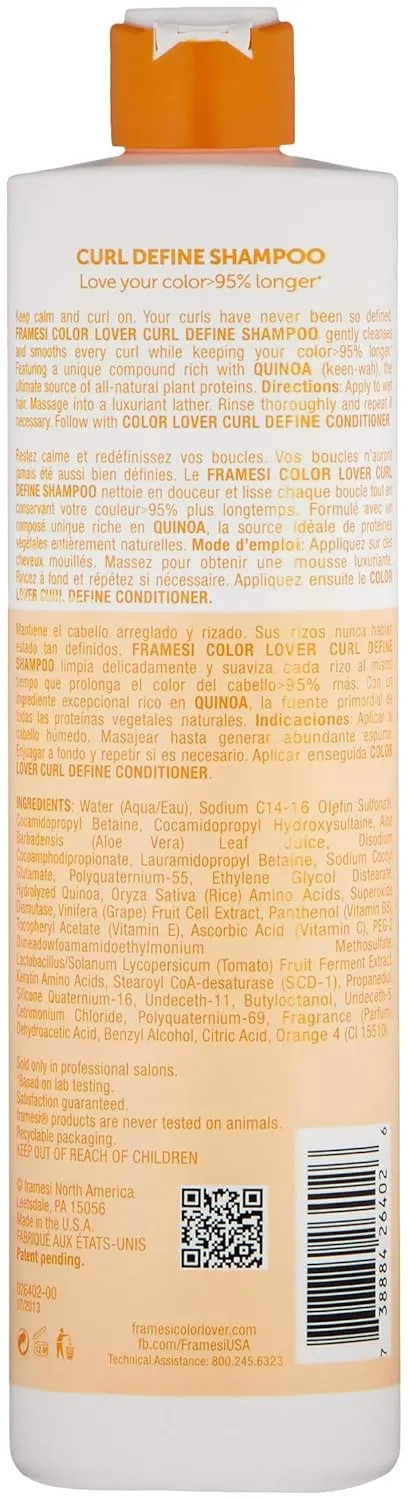 Framesi Color Lover Curl Define Shampoo, Shampoo for Curly Hair with Quinoa and Aloe Vera, Color Treated Hair