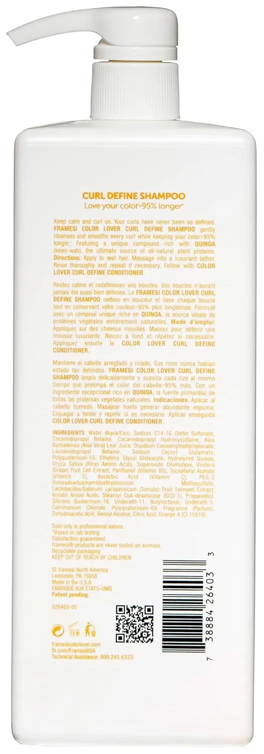 Framesi Color Lover Curl Define Shampoo, Shampoo for Curly Hair with Quinoa and Aloe Vera, Color Treated Hair