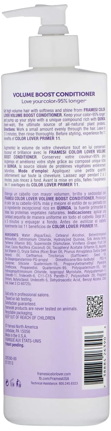 FRAMESI Color Lover Volume Boost Conditioner, Sulfate Free Volumizing Conditioner with Quinoa and Coconut Oil, Color Treated Hair