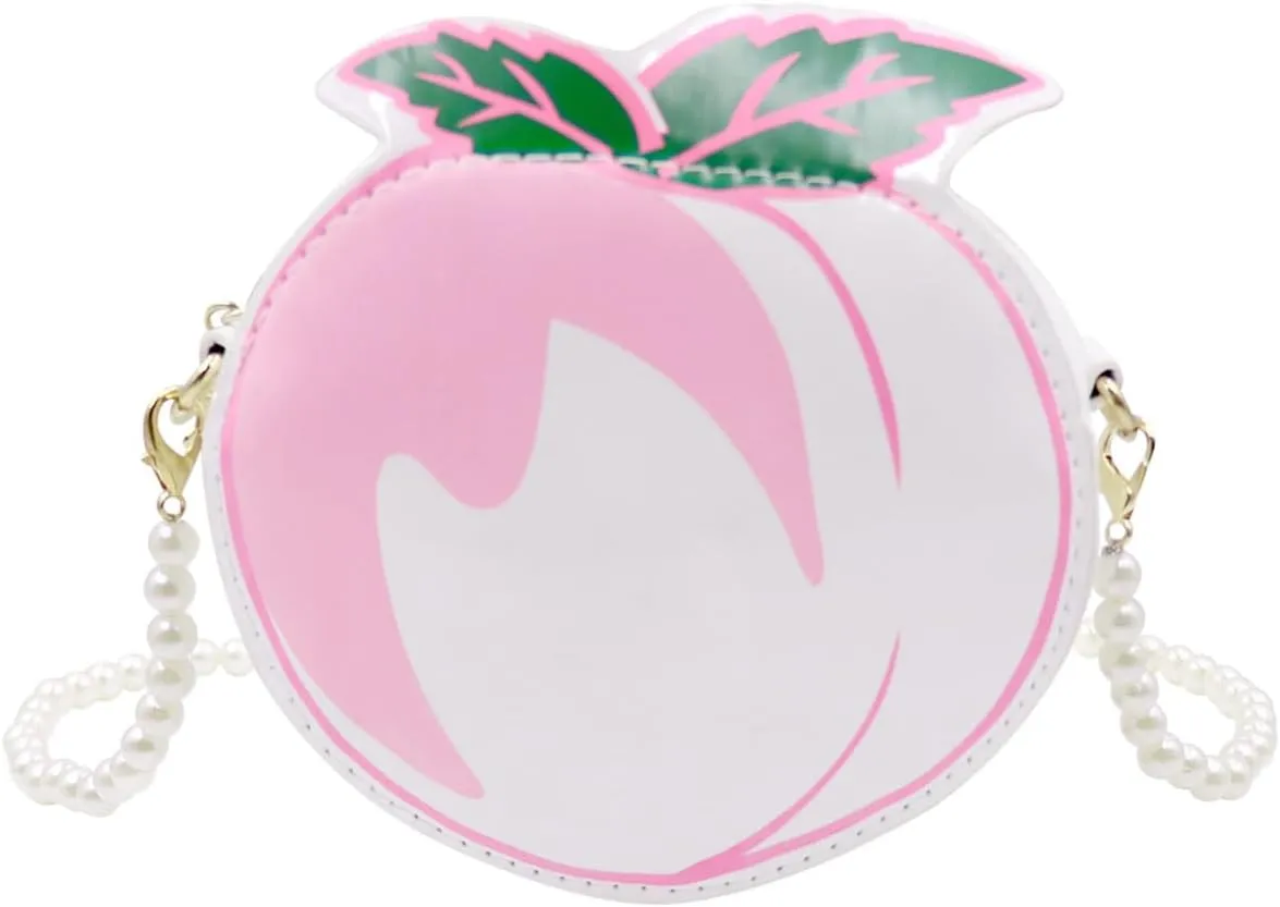 Fruit Crossbody Purse with Pearl Strap Mini Crossbody Shoulder Bag Peach Pink Purse Gift for Girls Furit Shoulder Bag