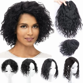 Fuffly Curly Human Hair Topper Side Part Clip in Hairpiece Women Toupee Replacement Hair Piece 13x14cm Silktop Topper Clip on Wave Hair Extensions Covering Grey Hair(12" Right Part,Dark Brown)