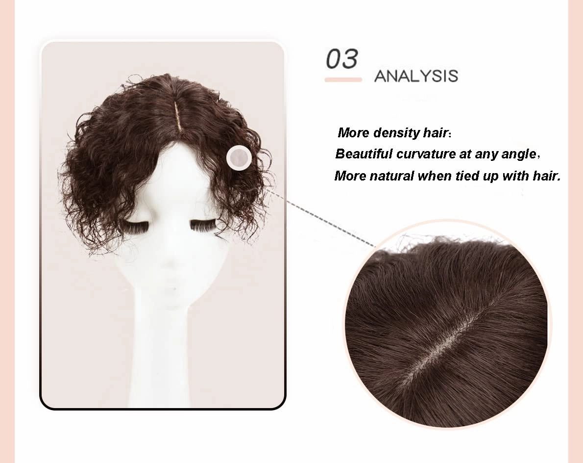 Fuffly Curly Human Hair Topper Side Part Clip in Hairpiece Women Toupee Replacement Hair Piece 13x14cm Silktop Topper Clip on Wave Hair Extensions Covering Grey Hair(12" Right Part,Dark Brown)