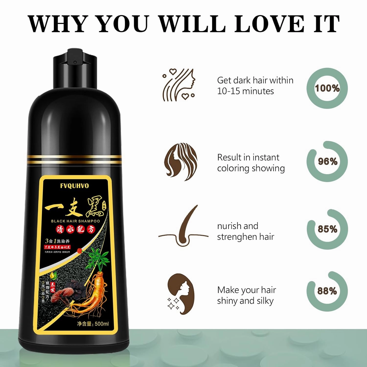 Fvquhvo Hair Color Shampoo for Gray Hair, Instant Black Hair Dye Shampoo 3 in 1, Long Lasting Black Hair Shampoo, Champu Para Canas, Works in Minutes, 16.9 Fl Oz,