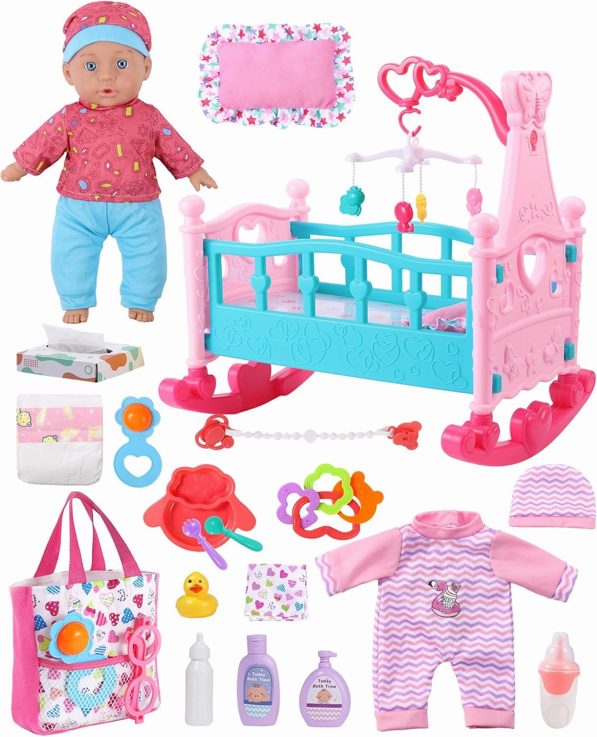 GAGAKU 12" Baby Doll Playset with Interactive Crib & 22Pcs Accessories - Educational Toddler Toys for 3  Year Old Girls & Boys, Soft Doll Care Kit (Feeding Set, Bath, Diaper)