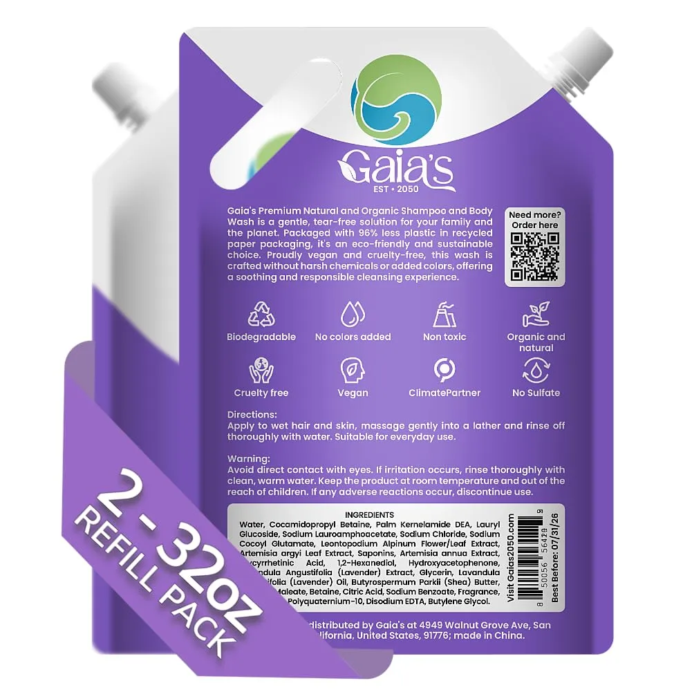 GAIA'S Natural Body Wash and Shampoo Lavender, Bulk Refill Size, 64 Fl Oz, Sulfate Free, Paraben Free, Dye Free, Tear Free, Organic and Natural Ingredients, PH Balance Feminine
