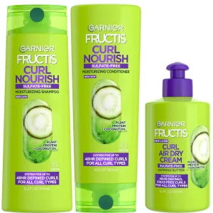 Garnier Fructis Curl Nourish Sulfate Free Moisturizing Shampoo, Conditioner   Air Dry Cream Defining Butter Set (3 Items), 1 Kit (Packaging May Vary)