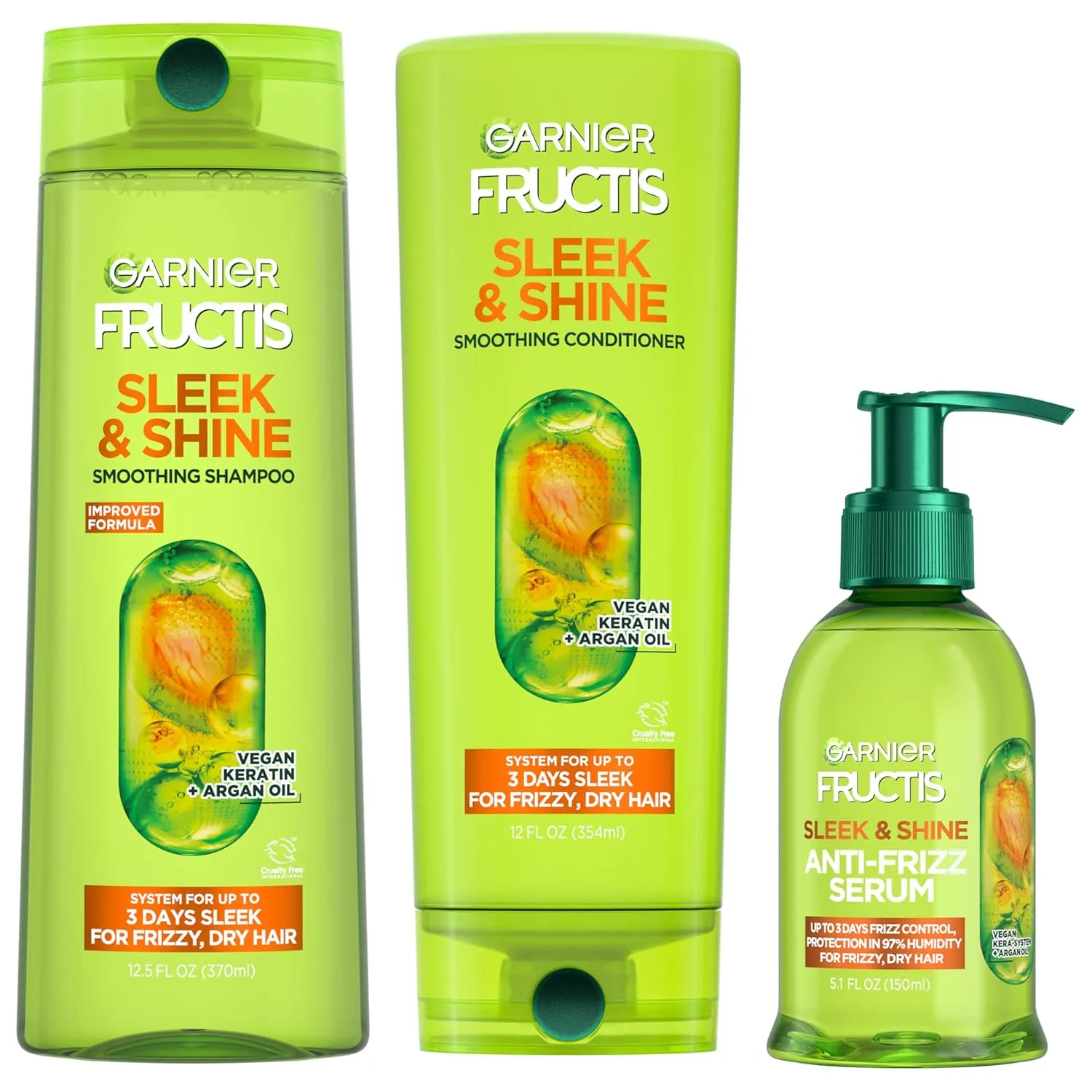 Garnier Fructis Sleek & Shine Shampoo, Conditioner   Anti-Frizz Serum Set for Frizzy, Dry Hair, Argan Oil (3 Items), 1 Kit (Packaging May Vary)