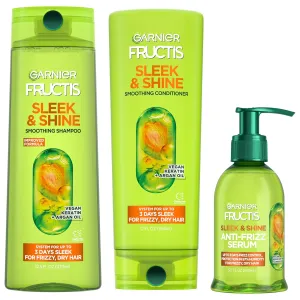 Garnier Fructis Sleek & Shine Shampoo, Conditioner   Anti-Frizz Serum Set for Frizzy, Dry Hair, Argan Oil (3 Items), 1 Kit (Packaging May Vary)
