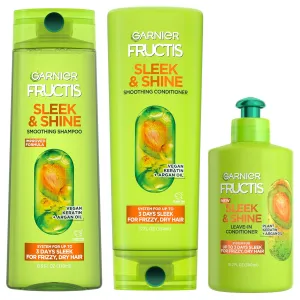 Garnier Fructis Sleek & Shine Shampoo, Conditioner   Leave-In Conditioer Set for Frizzy, Dry Hair, Plant Keratin   Argan Oil (3 Items), 1 Kit (Packaging May Vary)