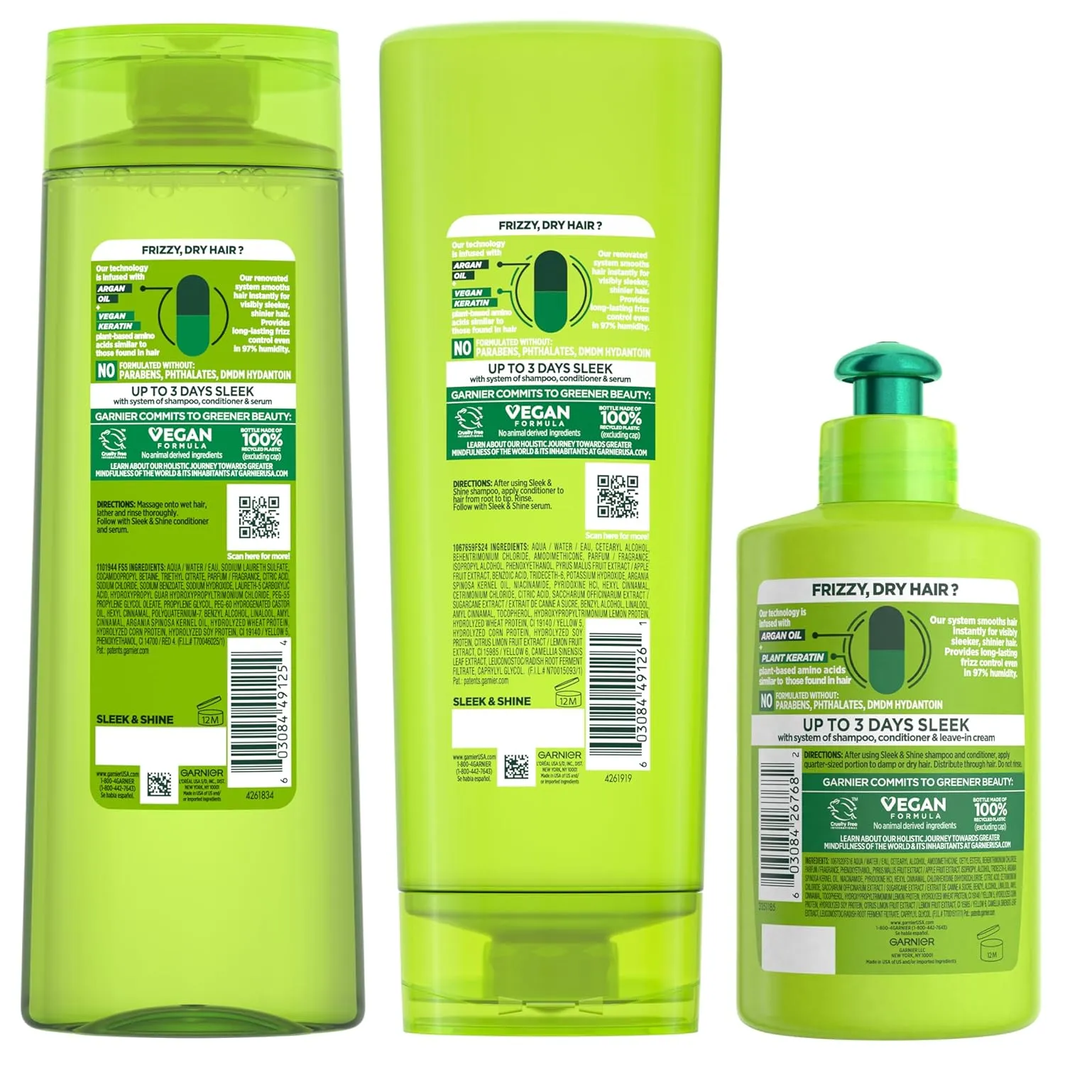 Garnier Fructis Sleek & Shine Shampoo, Conditioner   Leave-In Conditioer Set for Frizzy, Dry Hair, Plant Keratin   Argan Oil (3 Items), 1 Kit (Packaging May Vary)