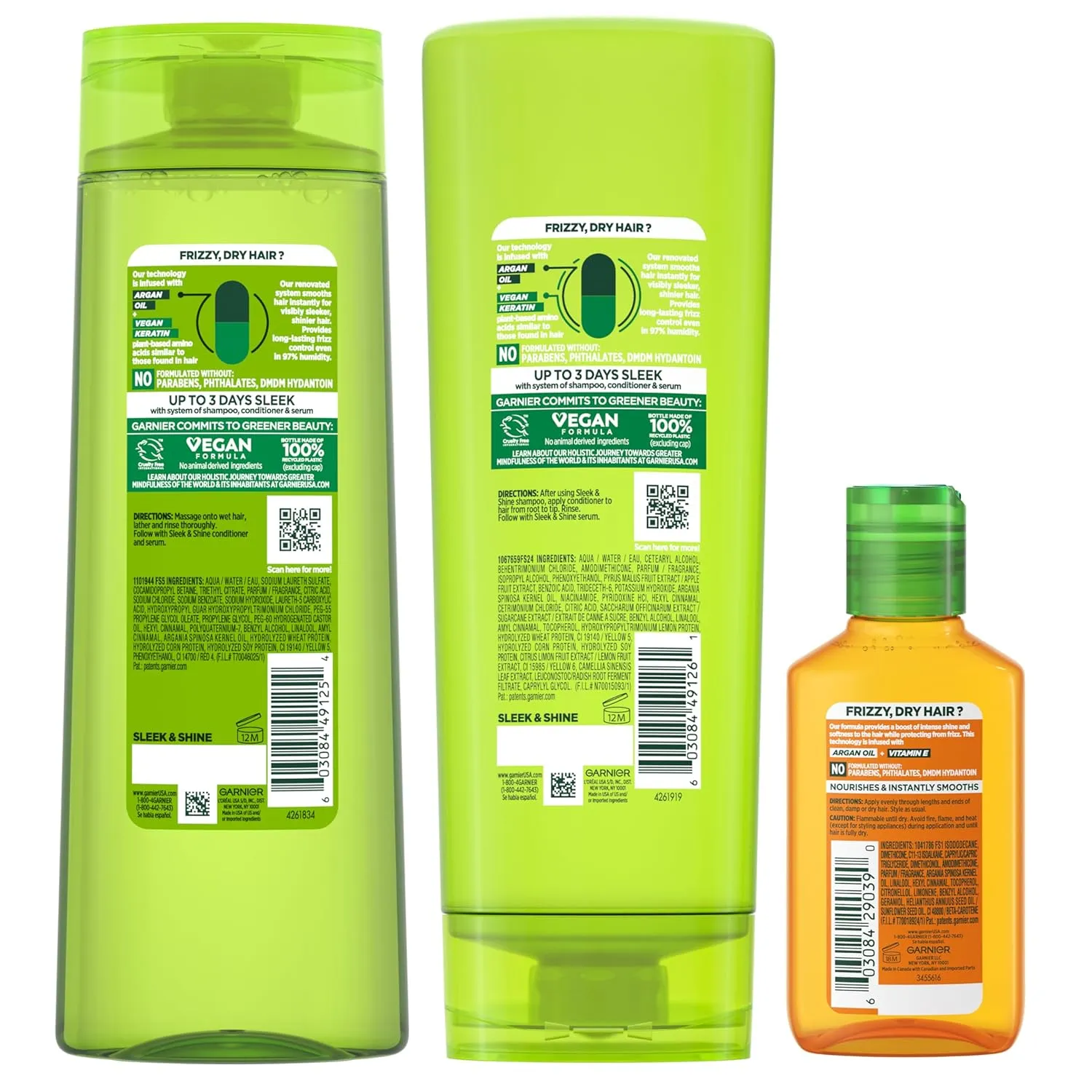 Garnier Fructis Sleek & Shine Shampoo, Conditioner   Moroccan Sleek Oil Set for Frizzy, Dry Hair, Argan Oil (3 Items), 1 Kit (Packaging May Vary)