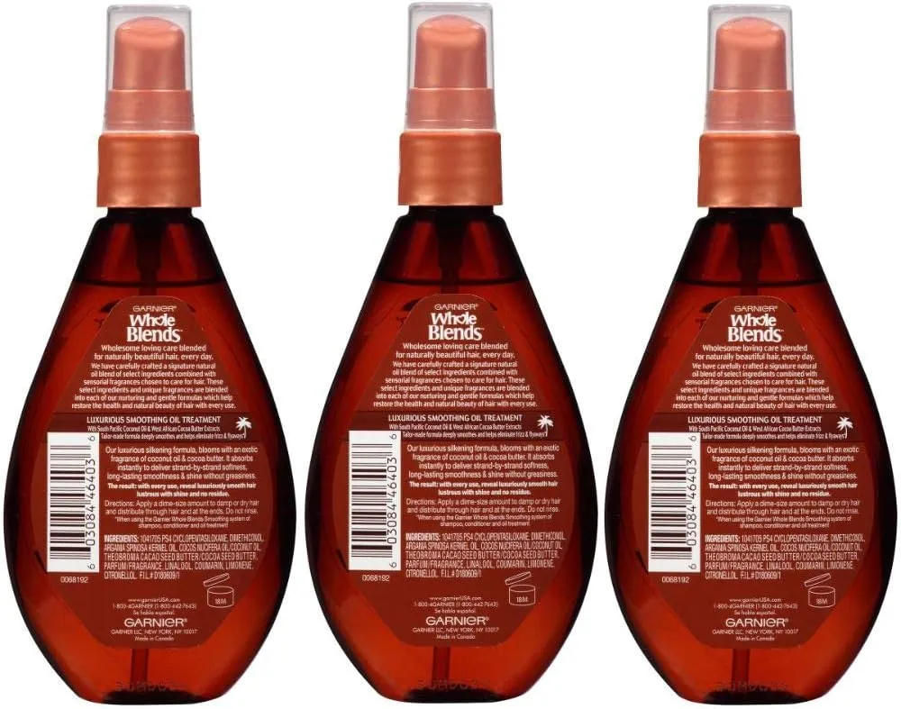 Garnier Hair Care Whole Blends Smoothing Oil with Coconut Oil & Cocoa Butter Extracts, 3.4 Fl Oz (3 Count)