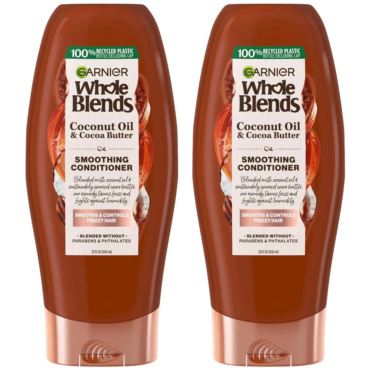 Garnier Whole Blends Coconut Oil & Cocoa Butter Smoothing Conditioner for Frizzy Hair, 22 Fl Oz, 2 Count (Packaging May Vary)