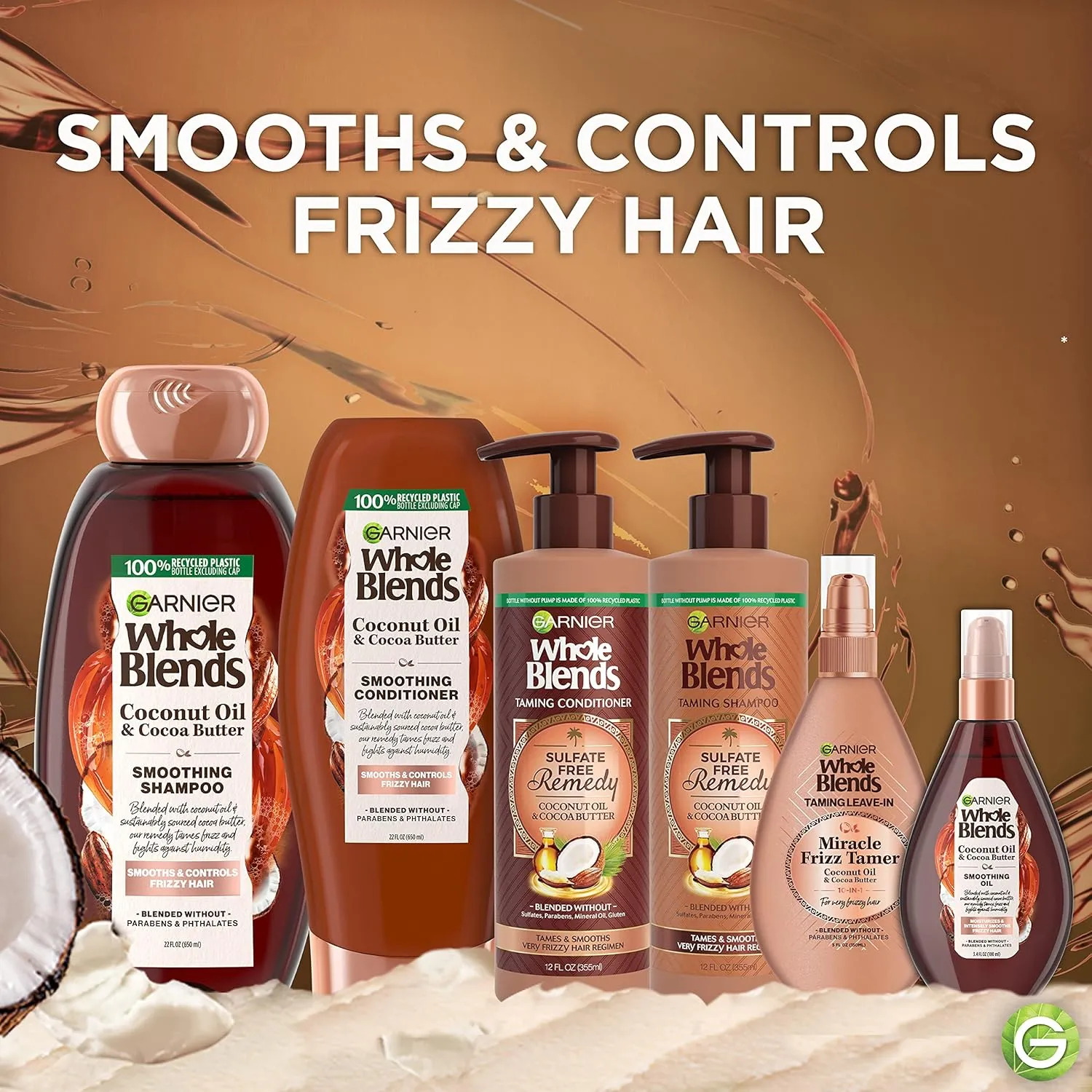 Garnier Whole Blends Coconut Oil & Cocoa Butter Smoothing Conditioner for Frizzy Hair, 22 Fl Oz, 2 Count (Packaging May Vary)