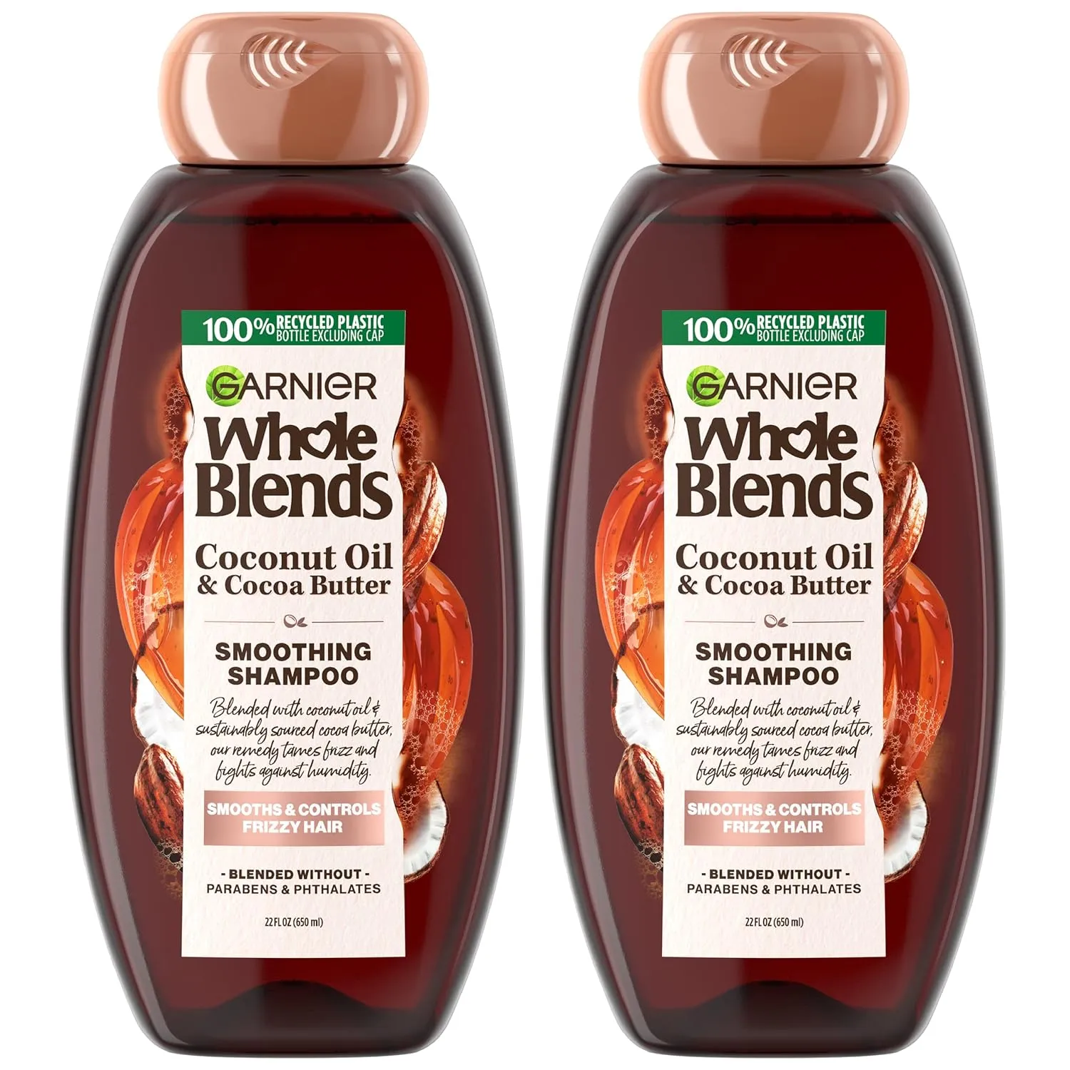 Garnier Whole Blends Coconut Oil & Cocoa Butter Smoothing Shampoo for Frizzy Hair, 22 Fl Oz, 2 Count (Packaging May Vary)