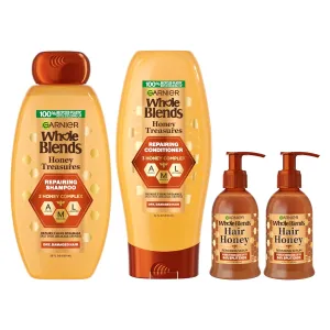 Garnier Whole Blends Honey Treasures Repairing Shampoo & Conditioner 22 Fl Oz each   Hair Serum (5.1 Fl Oz) for Dry, Damaged Hair (Bundle of 4 Items)