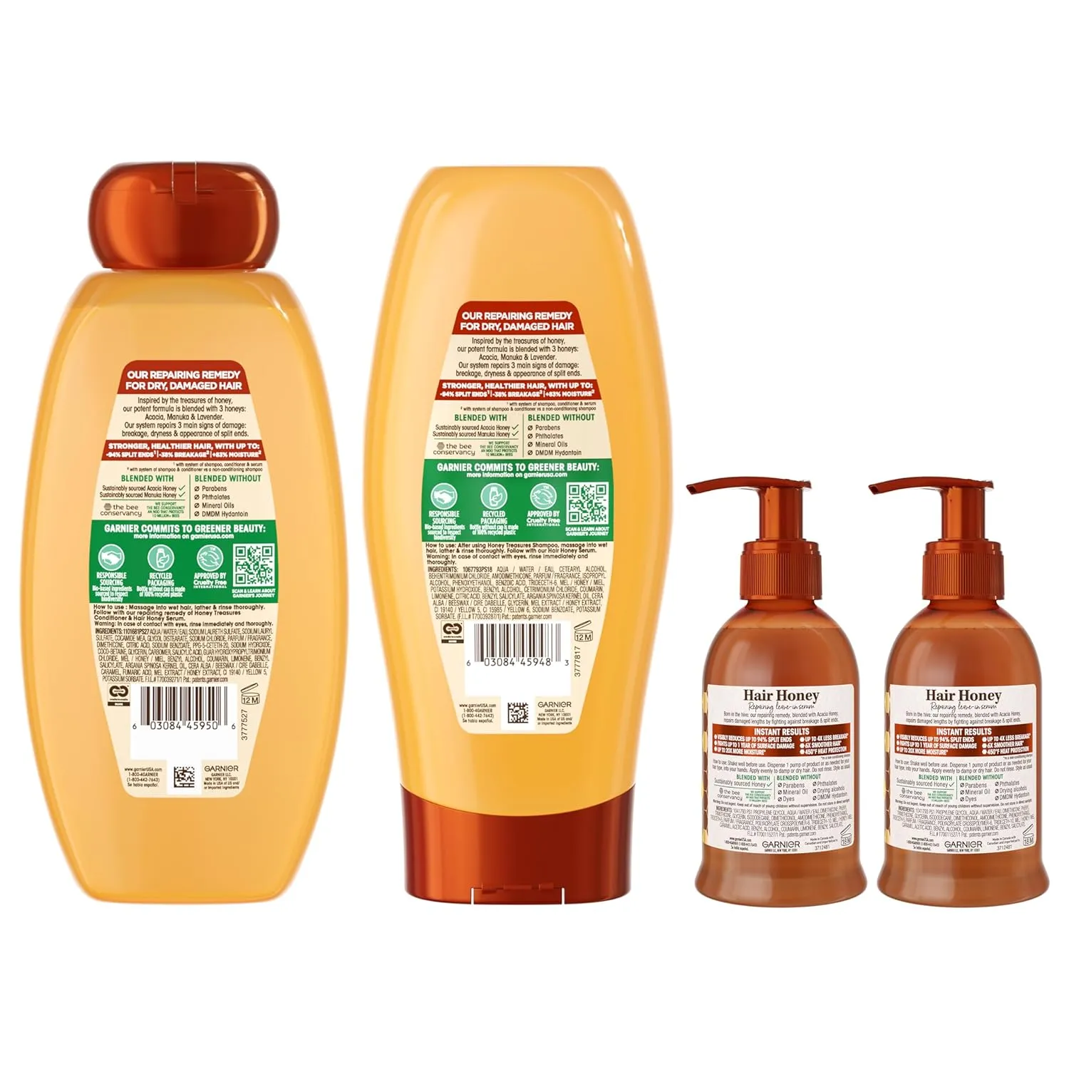 Garnier Whole Blends Honey Treasures Repairing Shampoo & Conditioner 22 Fl Oz each   Hair Serum (5.1 Fl Oz) for Dry, Damaged Hair (Bundle of 4 Items)