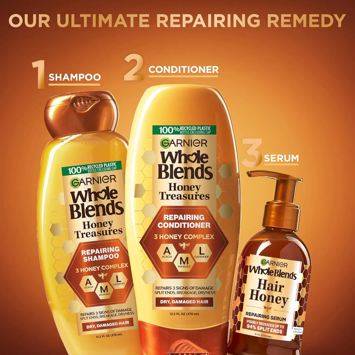 Garnier Whole Blends Honey Treasures Repairing Shampoo & Conditioner 22 Fl Oz each   Hair Serum (5.1 Fl Oz) for Dry, Damaged Hair (Bundle of 4 Items)