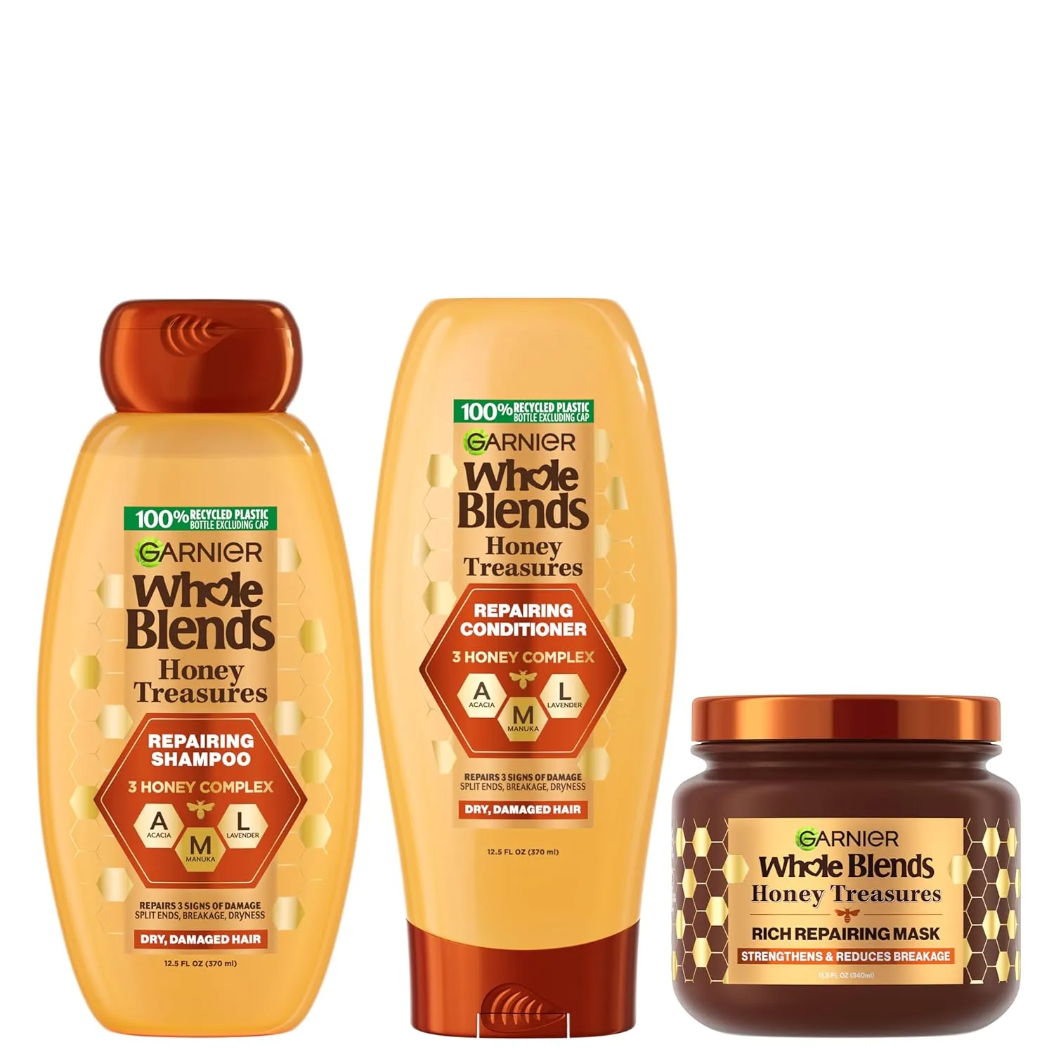 Garnier Whole Blends Honey Treasures Repairing Shampoo, Conditioner   Hair Mask Set for Dry, Damaged Hair (3 Items), 1 Kit (Packaging May Vary)
