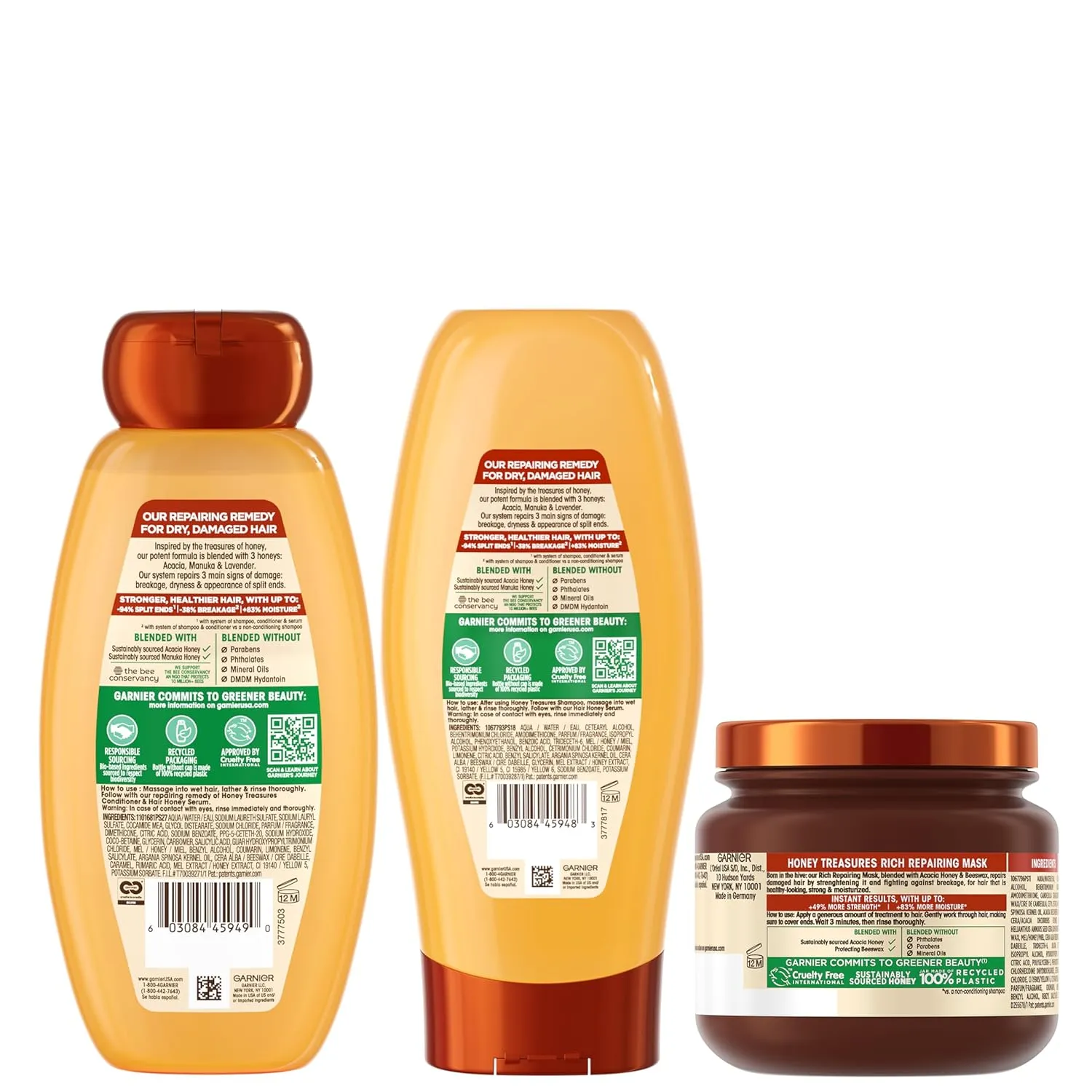 Garnier Whole Blends Honey Treasures Repairing Shampoo, Conditioner   Hair Mask Set for Dry, Damaged Hair (3 Items), 1 Kit (Packaging May Vary)