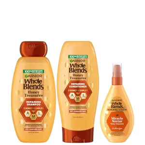 Garnier Whole Blends Honey Treasures Repairing Shampoo, Conditioner   Miracle Nectar Leave-In Set for Dry, Damaged Hair (3 Items), 1 Kit (Packaging May Vary)