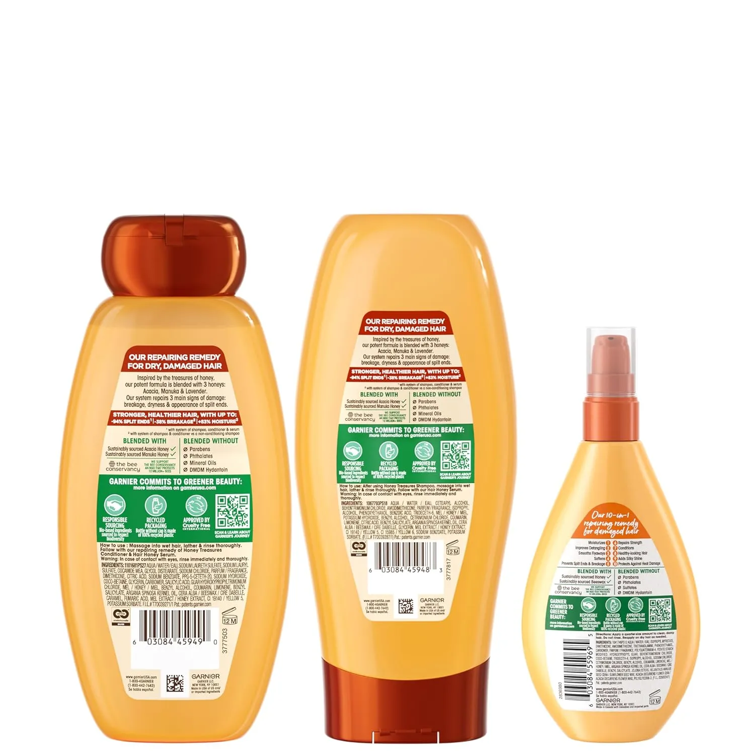 Garnier Whole Blends Honey Treasures Repairing Shampoo, Conditioner   Miracle Nectar Leave-In Set for Dry, Damaged Hair (3 Items), 1 Kit (Packaging May Vary)