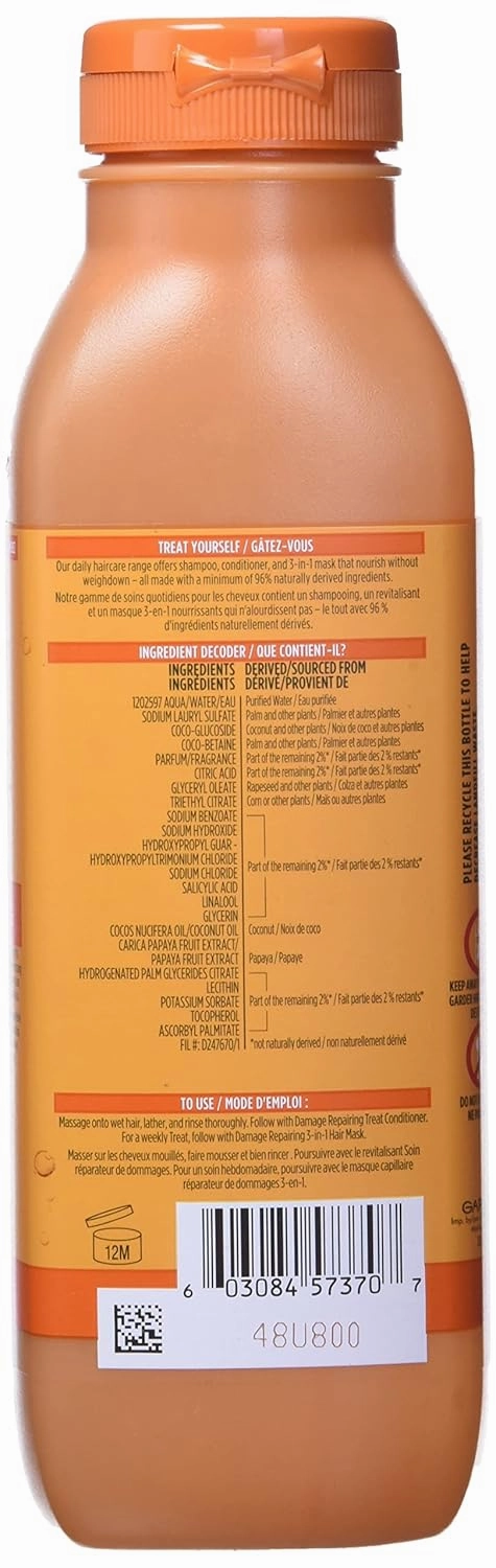 Garnier Fructis Damage Repairing Treat Shampoo, 98 Percent Naturally Derived Ingredients, Papaya, Nourish Dry Damaged Hair, Coconut, 11.8 Fl Oz
