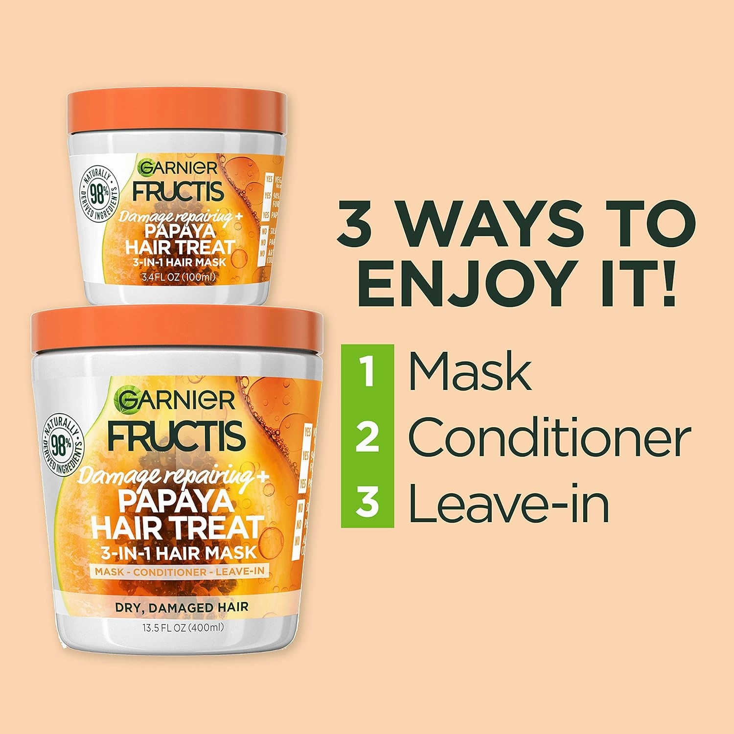 Garnier Fructis Repairing Treat 3-in-1 Hair Mask (Mask   Conditioner   Leave-In) with Papaya for Dry, Damaged Hair, 13.5 Fl Oz   3.4 Fl Oz, 1 Kit (Packaging May Vary)