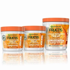 Garnier Fructis Repairing Treat 3-in-1 Hair Mask (Mask   Conditioner   Leave-In) with Papaya for Dry, Damaged Hair, 13.5 Fl Oz   3.4 Fl Oz, 1 Kit (Packaging May Vary)