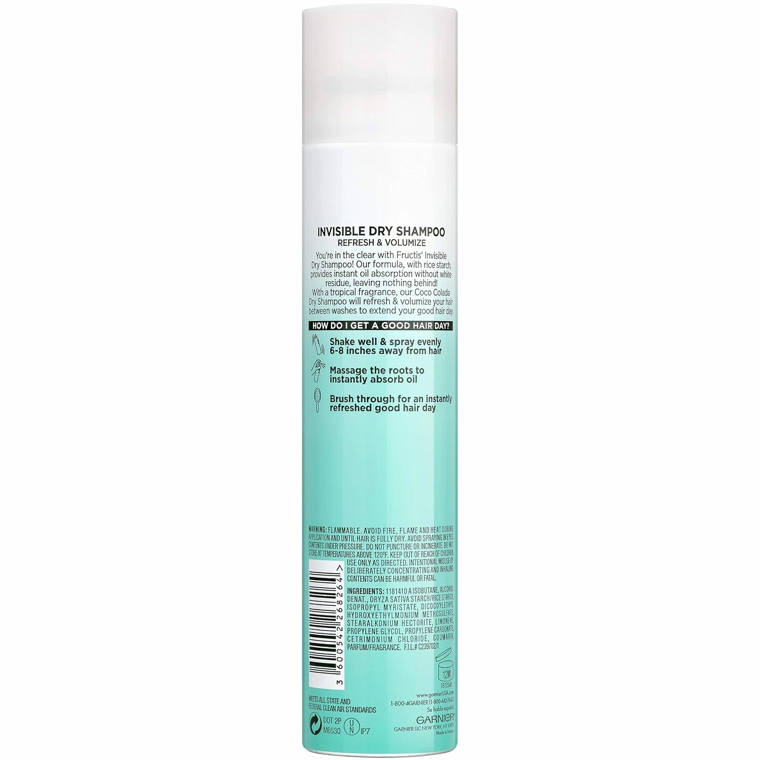 Garnier Invisible Dry Shampoo with no Visible Residue powered by Rice Starch to Instantly Absorb Oil, Refresh and Volumize, Silicone Free, Coco Colada by Fructis, 4.4 oz.