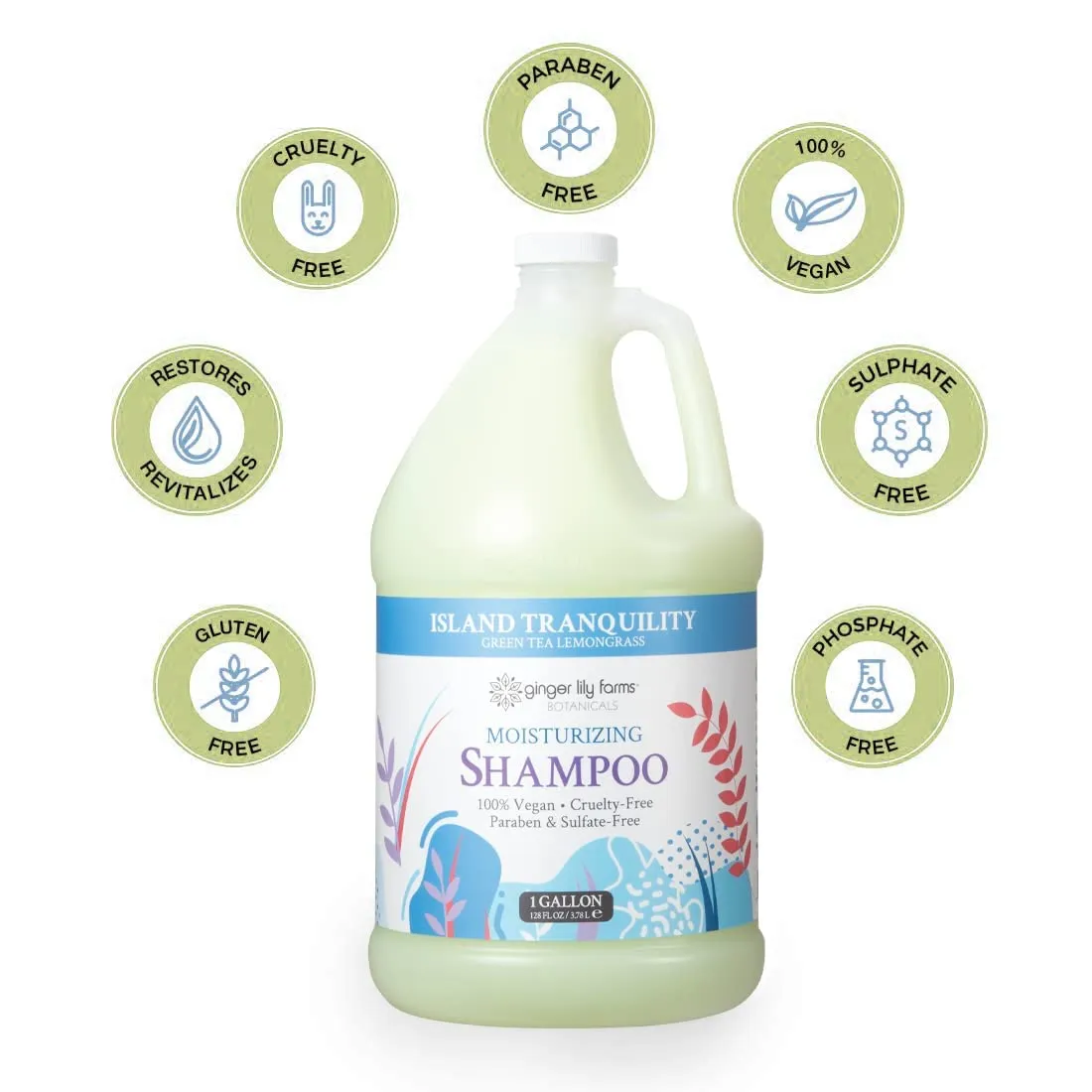 Ginger Lily Farms Botanicals Moisturizing Shampoo for All Hair Types, Island Tranquility, 100% Vegan & Cruelty-Free, Green Tea Lemongrass Scent, 1 Gallon Refill (Pack of 4)