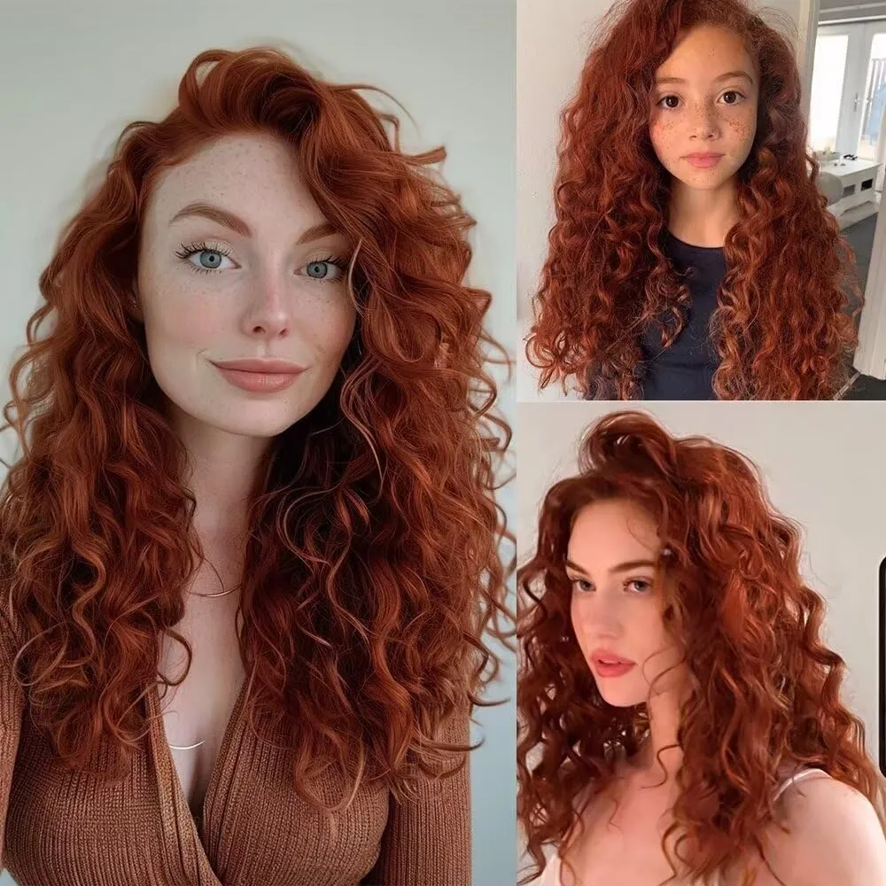 Ginger Wig Long Curly Lace Wig Glueless Synthetic Lace Front Wigs For Women Heat Resistant Cosplay Wig Orange Long Deep Curl Wig 24Inch For Princess Merida Cosplay