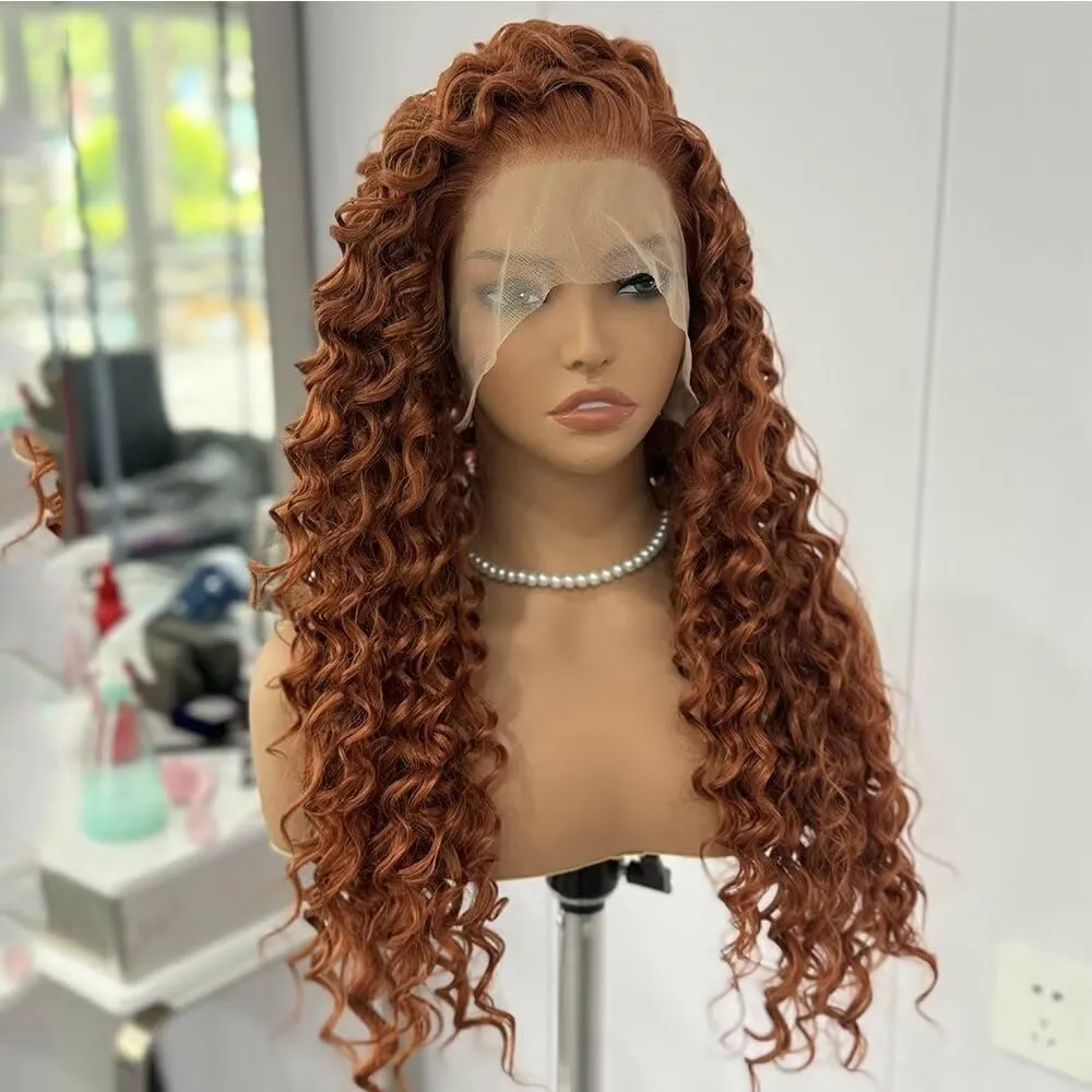 Ginger Wig Long Curly Lace Wig Glueless Synthetic Lace Front Wigs For Women Heat Resistant Cosplay Wig Orange Long Deep Curl Wig 24Inch For Princess Merida Cosplay