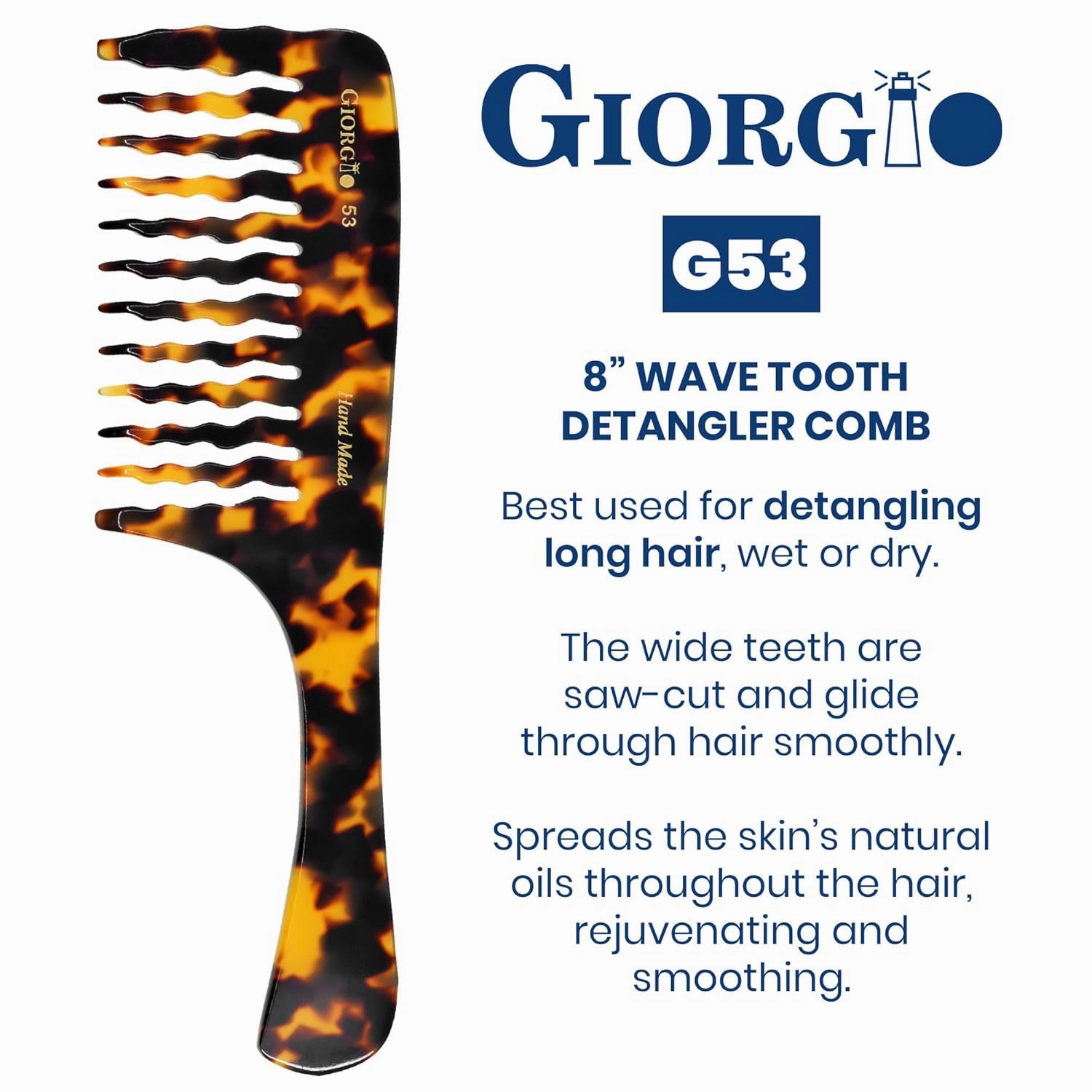 Giorgio G53 Handmade Rake Comb for Curly, Thick and Wet or Dry Hair - Wide Tooth, Detangling and Hand Polished (8")